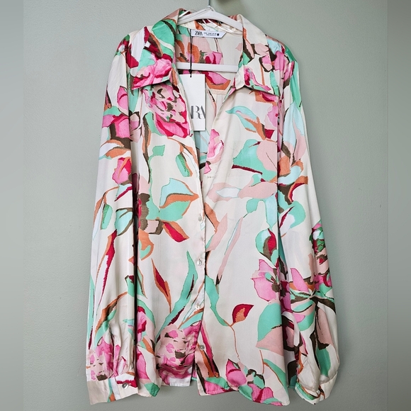 Zara Cream Pink Teal Floral Long Sleeve Button-Down Collared Blouse, Size Medium - Picture 3 of 11
